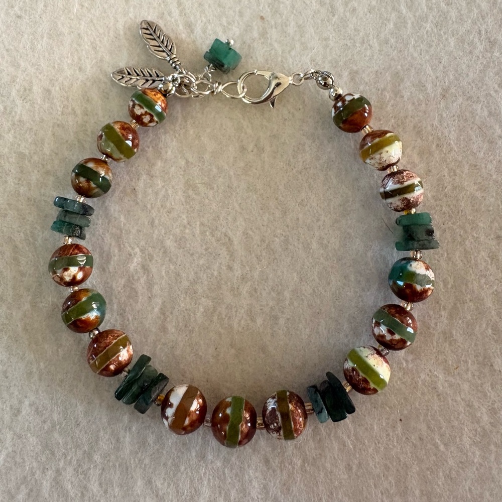 Artisan Brown and Green Dzi Beads with Raw Emerald Spacers